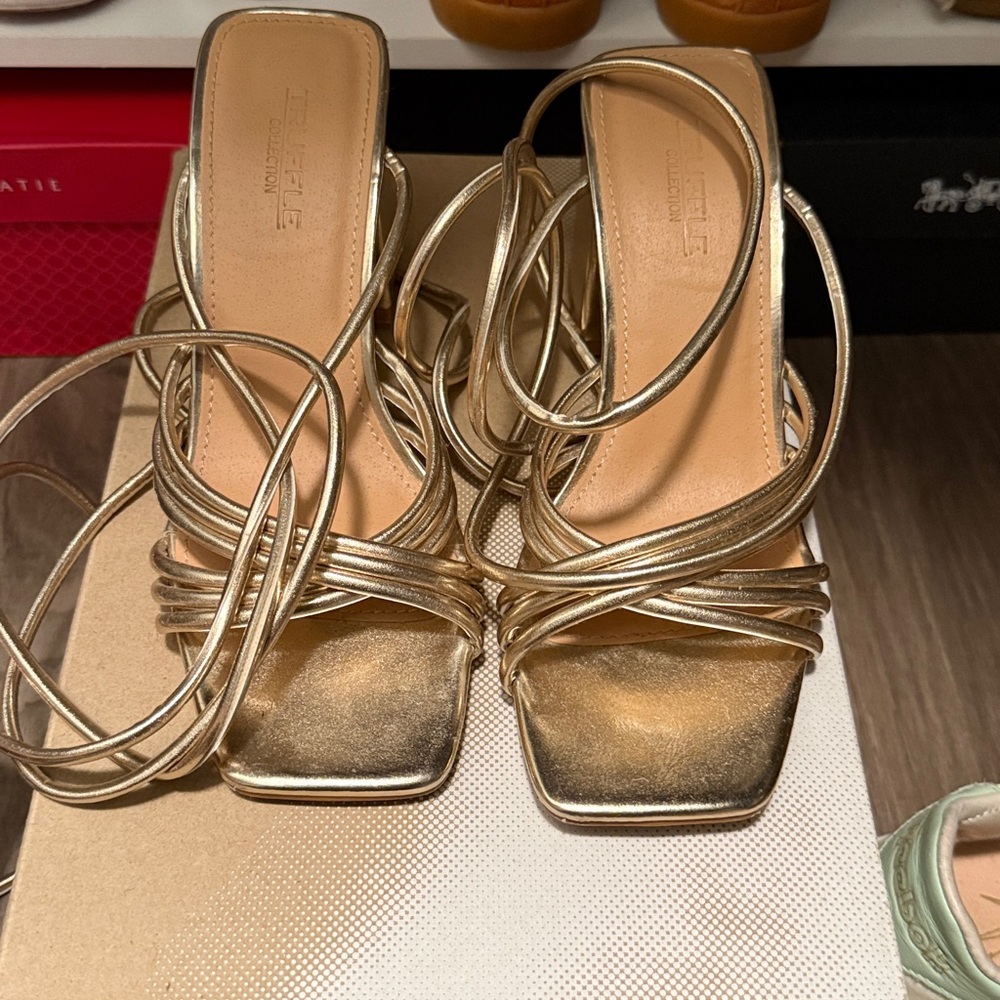 Truffle Collection strappy mid heeled square to sandals in gold